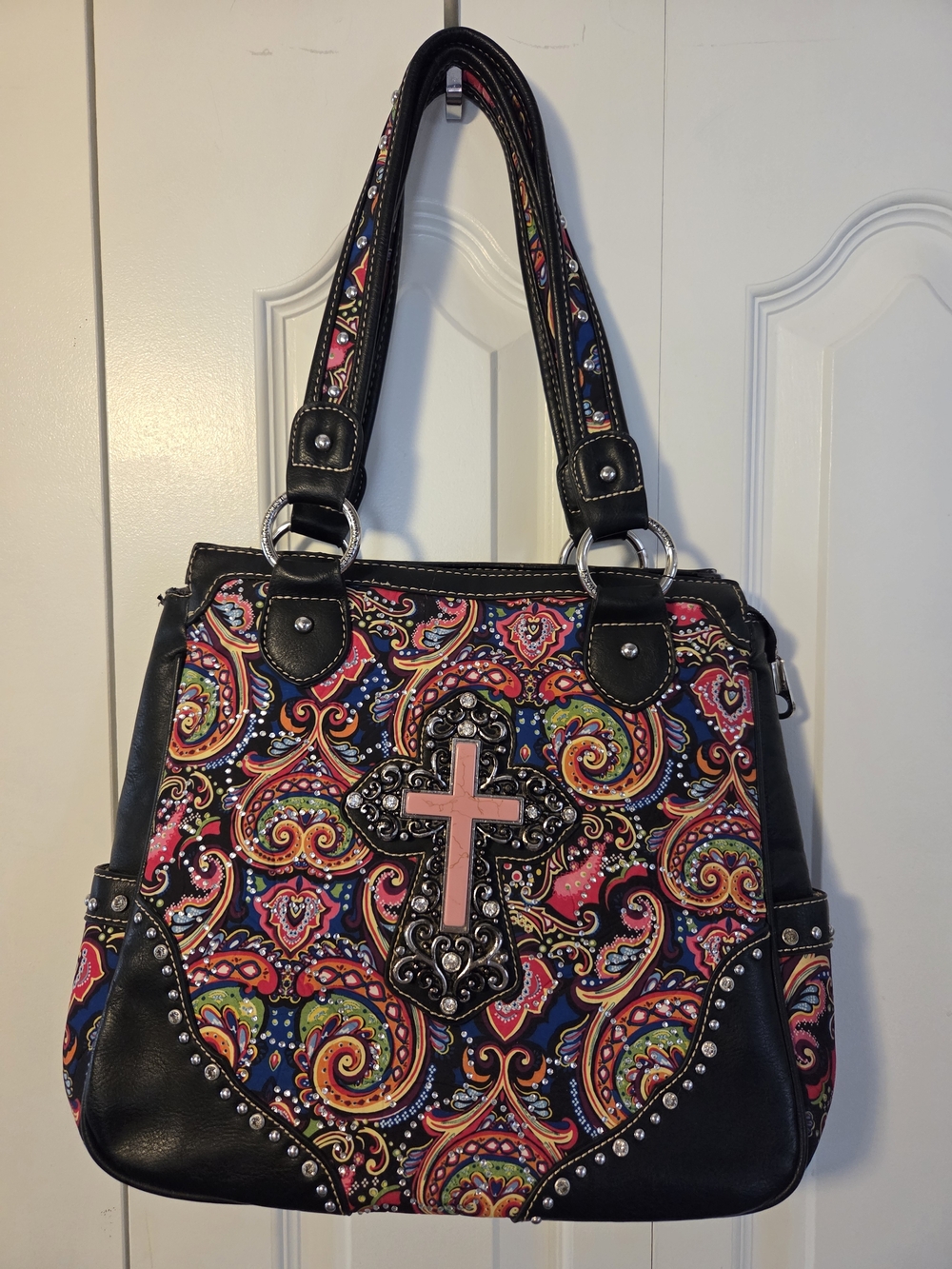 Montana West Black Shoulder Bag with Multicolor Paisley and Pink Cross